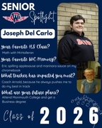 West Central High School Senior Spotlight for Joseph Del Carlo, Class of 2026. The graphic shows Joseph in a black "Scots" hoodie against a brick wall, with an inset baby photo of him wearing large red safety goggles. Text highlights his favorite class (M